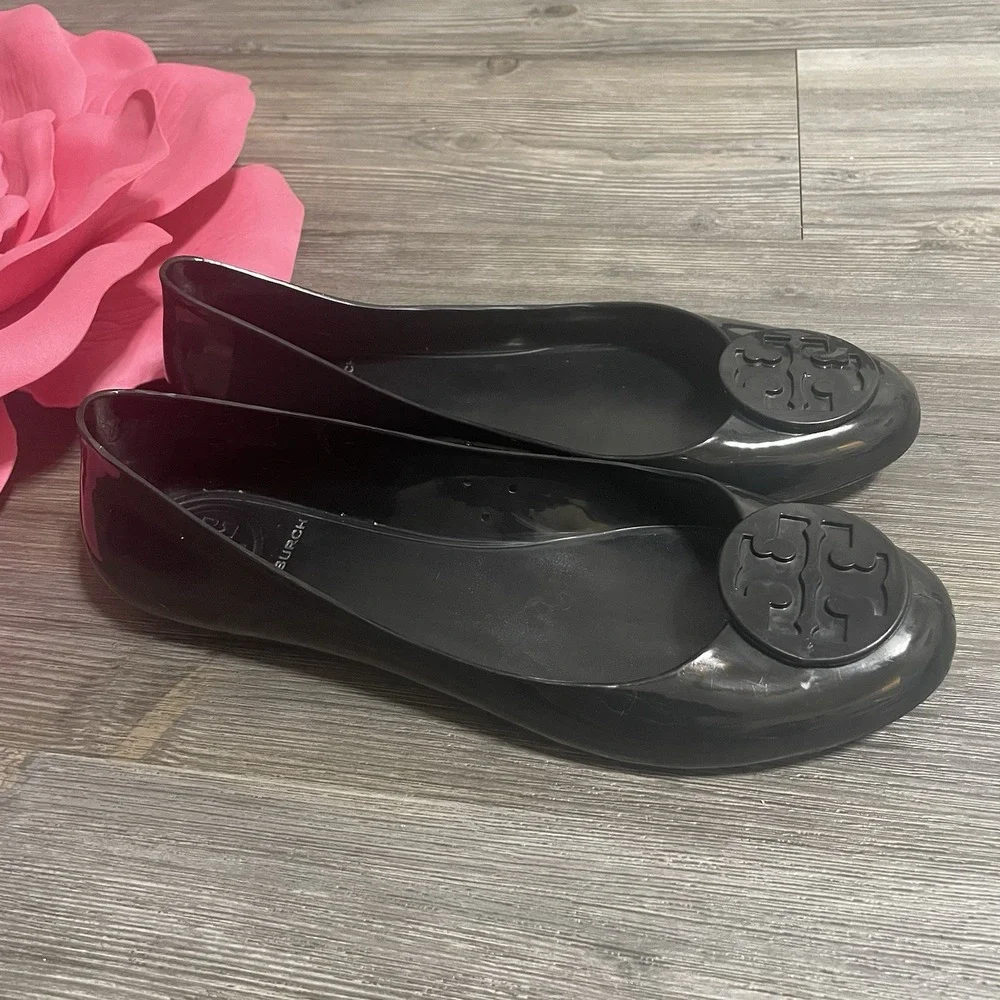 TORY BURCH Sz 10 Jelly Reva Ballet Flats Black Rubber Logo Shoes Travel Resort